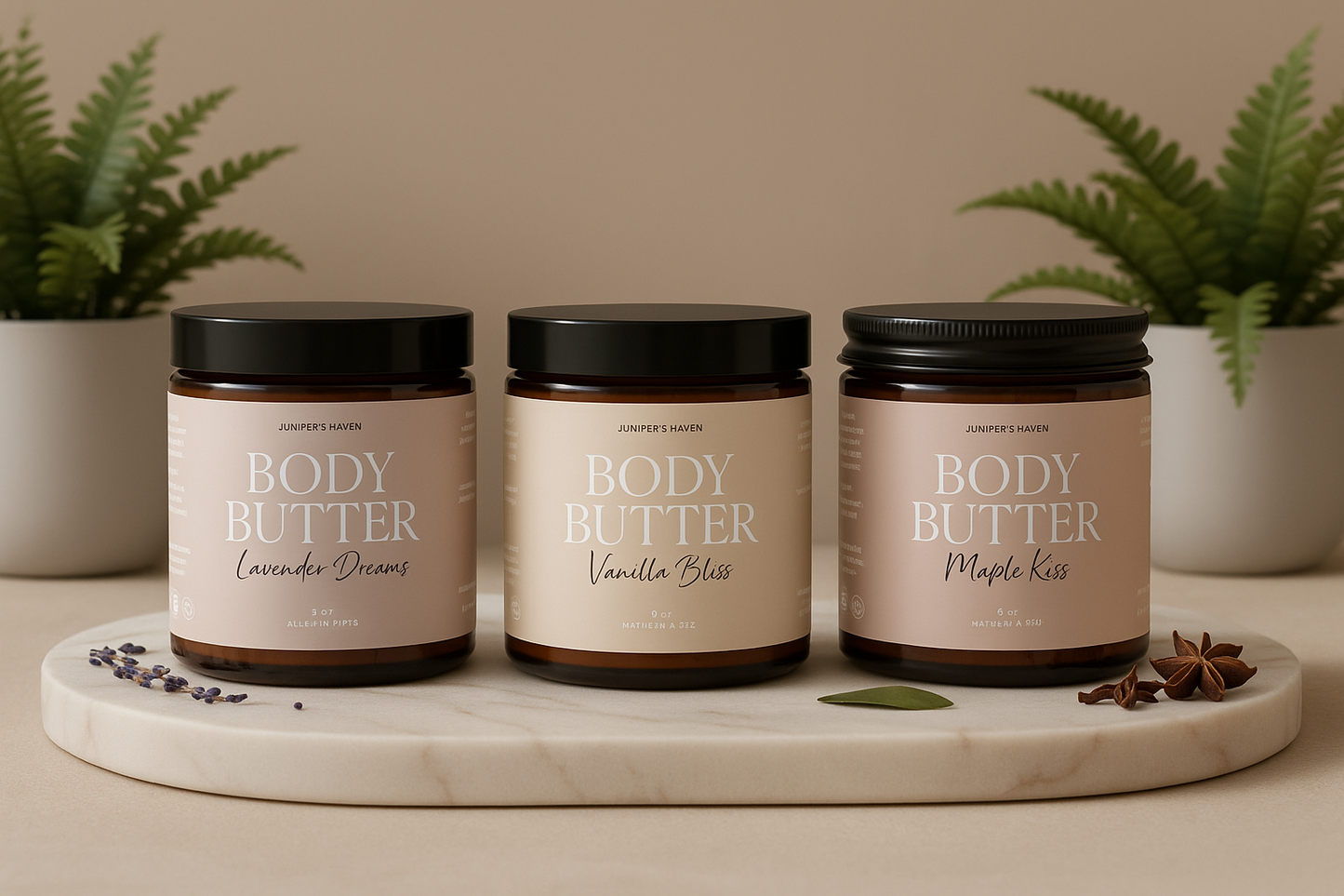 Three jars of body butter on a marble tray with plants in the background