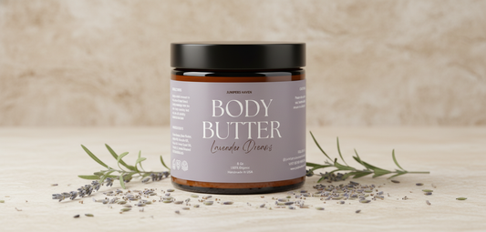 Jar of body butter with lavender and olive oil on a wooden surface