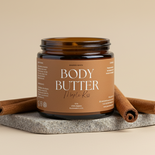 Jar of body butter with cinnamon sticks on a beige background
