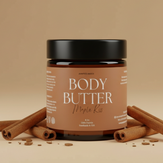 Jar of body butter with cinnamon sticks on a beige background
