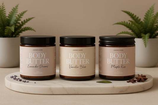 Three jars of body butter on a marble tray with plants in the background
