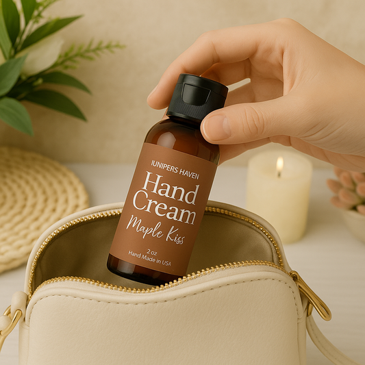 Hand holding a bottle of ' Junipers Haven' hand cream labeled 'Maple Kiss' over an open beige handbag.
